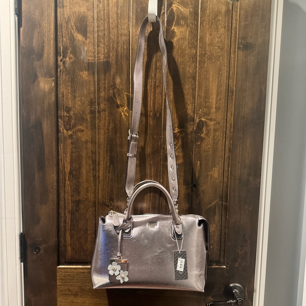 NWT Guess silver metallic floral embellished crossbody or clutch purse